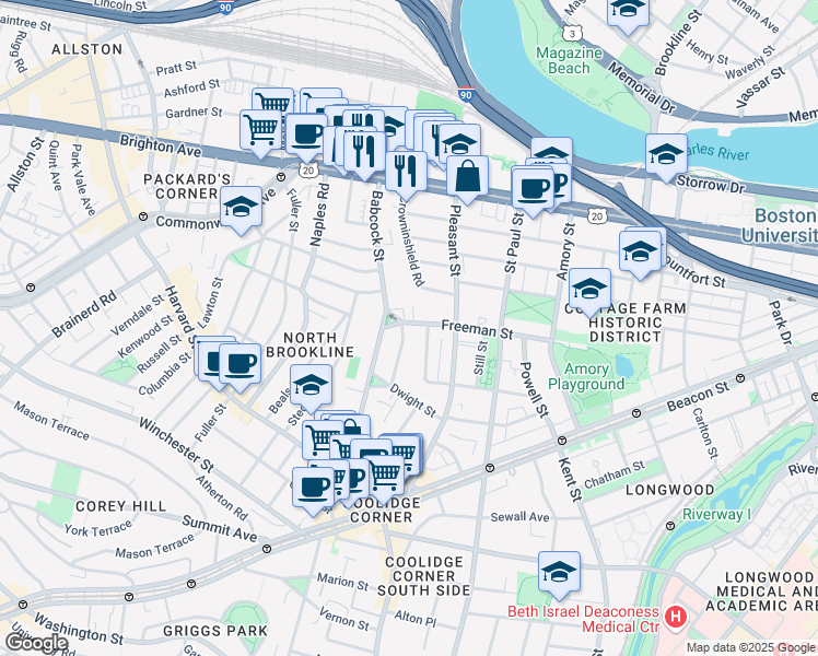 map of restaurants, bars, coffee shops, grocery stores, and more near 217 Freeman Street in Brookline