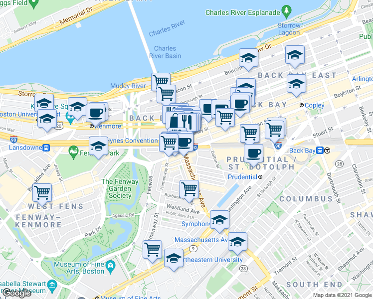 map of restaurants, bars, coffee shops, grocery stores, and more near 1019 Boylston Street in Boston