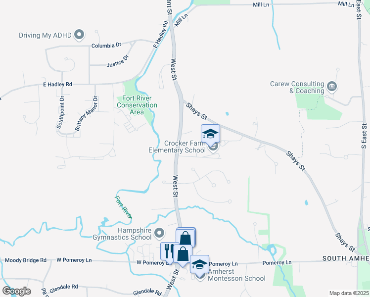 map of restaurants, bars, coffee shops, grocery stores, and more near 240 West Street in Amherst