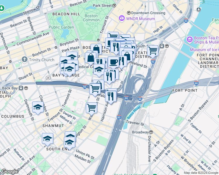 map of restaurants, bars, coffee shops, grocery stores, and more near 232 Harrison Avenue in Boston