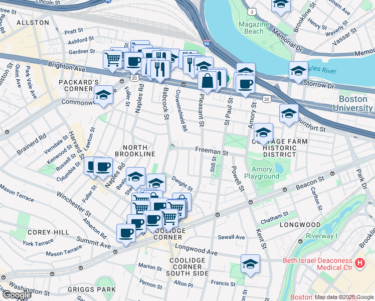 map of restaurants, bars, coffee shops, grocery stores, and more near 217 Freeman Street in Brookline