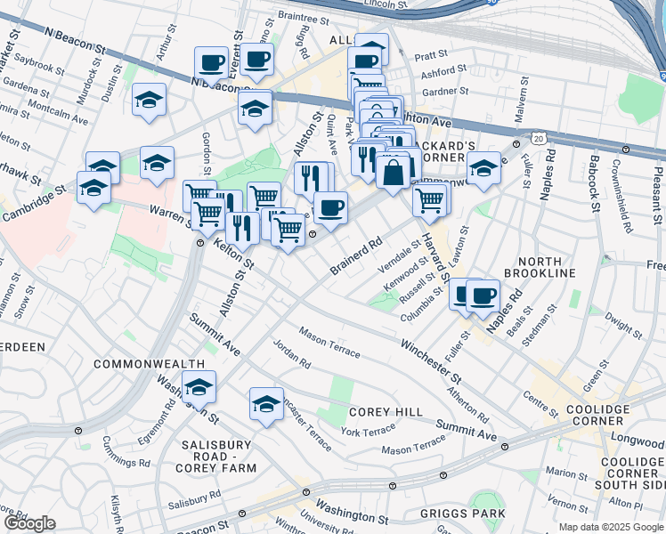 map of restaurants, bars, coffee shops, grocery stores, and more near 1322 Commonwealth Avenue in Boston