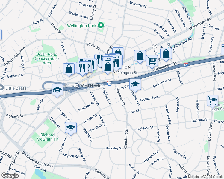 map of restaurants, bars, coffee shops, grocery stores, and more near 61 Chestnut Street in Newton