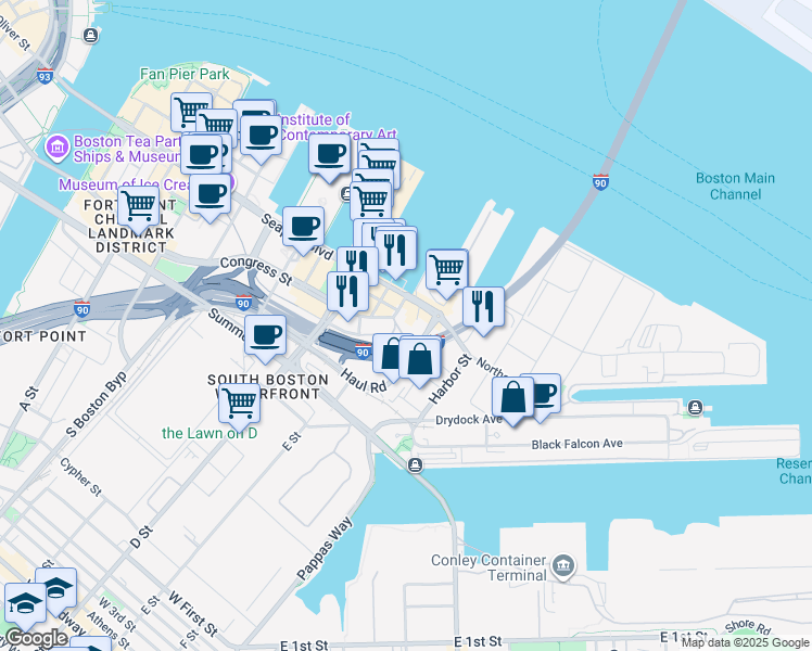 map of restaurants, bars, coffee shops, grocery stores, and more near 295 Northern Avenue in Boston