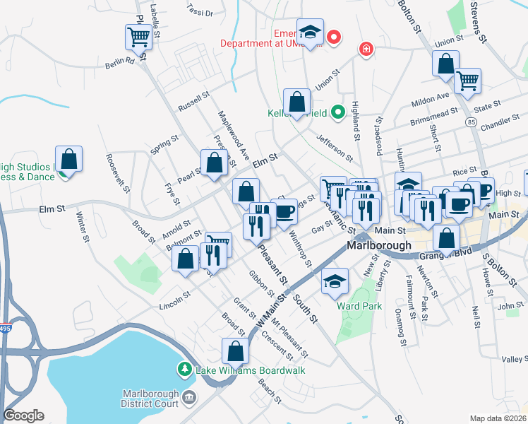 map of restaurants, bars, coffee shops, grocery stores, and more near 72 Chestnut Street in Marlborough