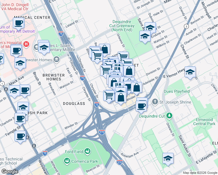 map of restaurants, bars, coffee shops, grocery stores, and more near 2900 Rivard Street in Detroit