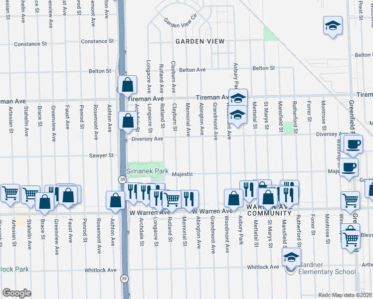 map of restaurants, bars, coffee shops, grocery stores, and more near 7551 Memorial Street in Detroit