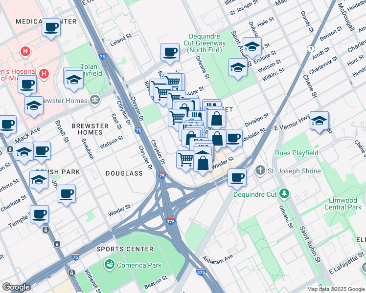 map of restaurants, bars, coffee shops, grocery stores, and more near 2900 Rivard Street in Detroit