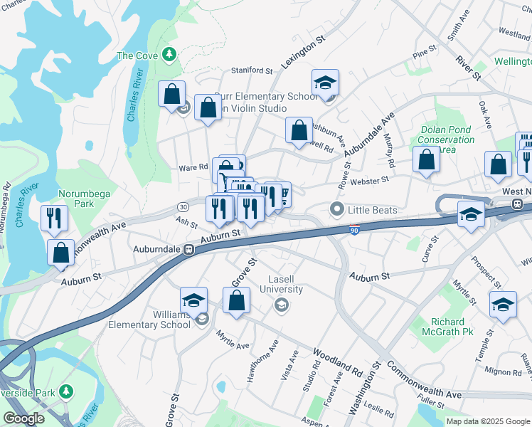 map of restaurants, bars, coffee shops, grocery stores, and more near 2053 Commonwealth Avenue in Newton
