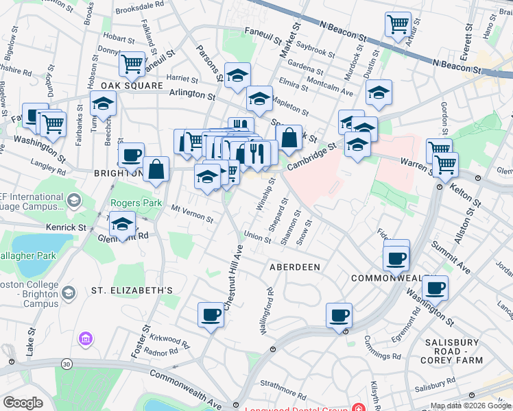 map of restaurants, bars, coffee shops, grocery stores, and more near 21 Peaceable Street in Boston