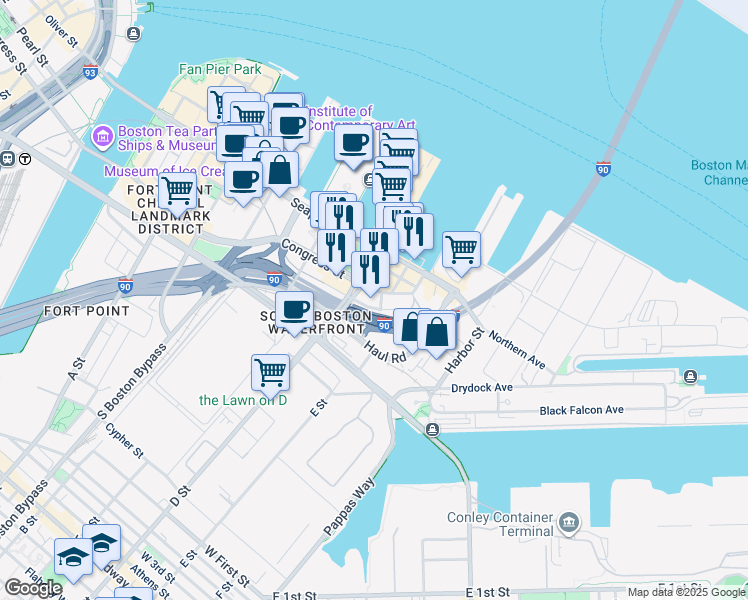 map of restaurants, bars, coffee shops, grocery stores, and more near 601 Congress Street in Boston