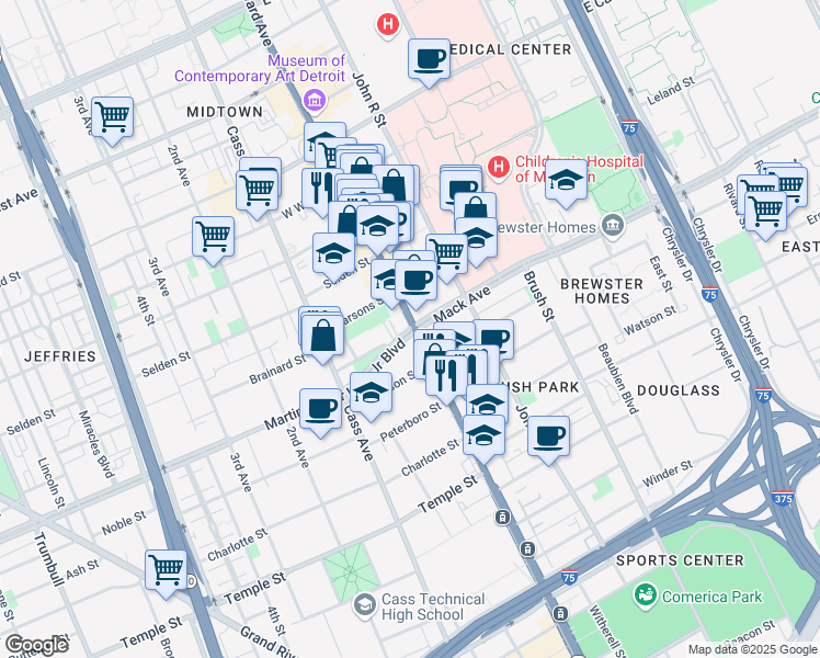 map of restaurants, bars, coffee shops, grocery stores, and more near 3601 Woodward Avenue in Detroit