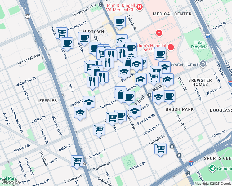 map of restaurants, bars, coffee shops, grocery stores, and more near 3901 Cass Avenue in Detroit