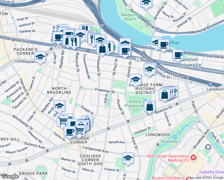 map of restaurants, bars, coffee shops, grocery stores, and more near in Brookline
