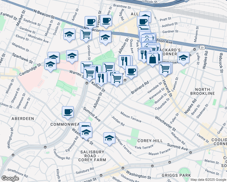 map of restaurants, bars, coffee shops, grocery stores, and more near 1348 Commonwealth Avenue in Boston