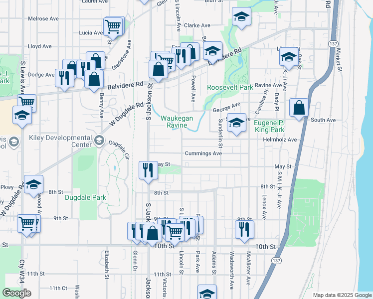 map of restaurants, bars, coffee shops, grocery stores, and more near 807 Helmholz Avenue in Waukegan