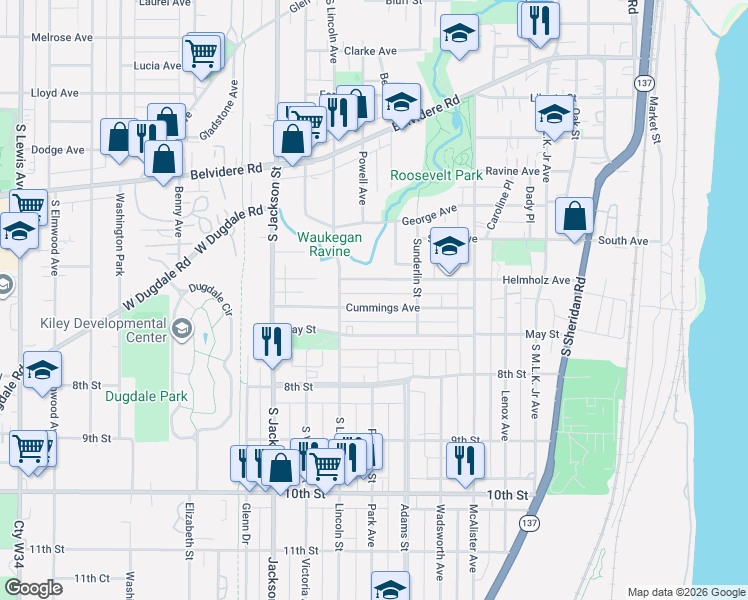 map of restaurants, bars, coffee shops, grocery stores, and more near 701 Helmholz Avenue in Waukegan