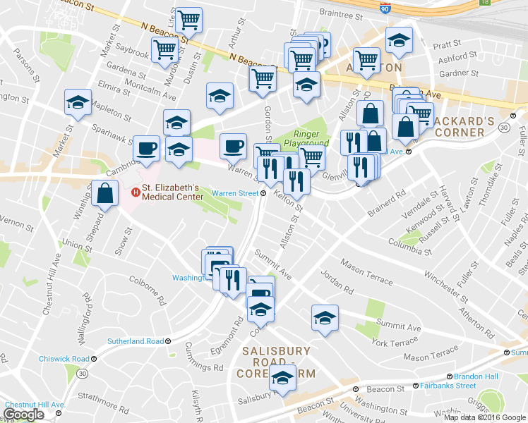 map of restaurants, bars, coffee shops, grocery stores, and more near Commonwealth Avenue & Boulevard Terrace in Boston