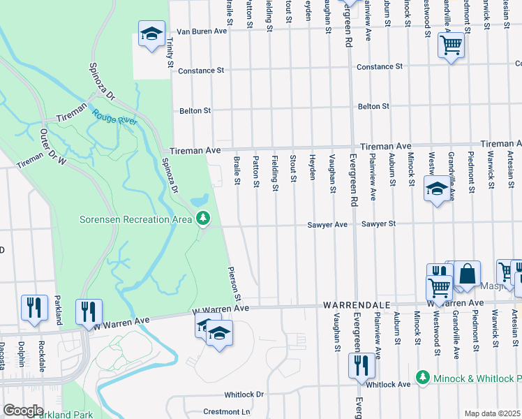 map of restaurants, bars, coffee shops, grocery stores, and more near 7646 Patton Street in Detroit
