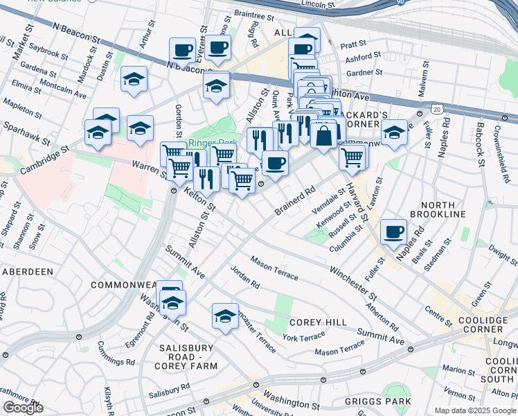 map of restaurants, bars, coffee shops, grocery stores, and more near 1322 Commonwealth Avenue in Boston
