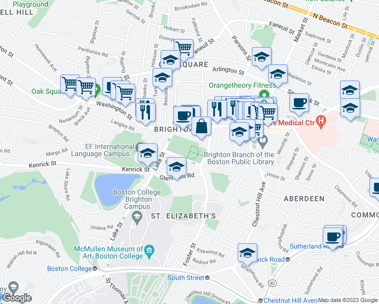 map of restaurants, bars, coffee shops, grocery stores, and more near 30 Rogers Park Avenue in Boston