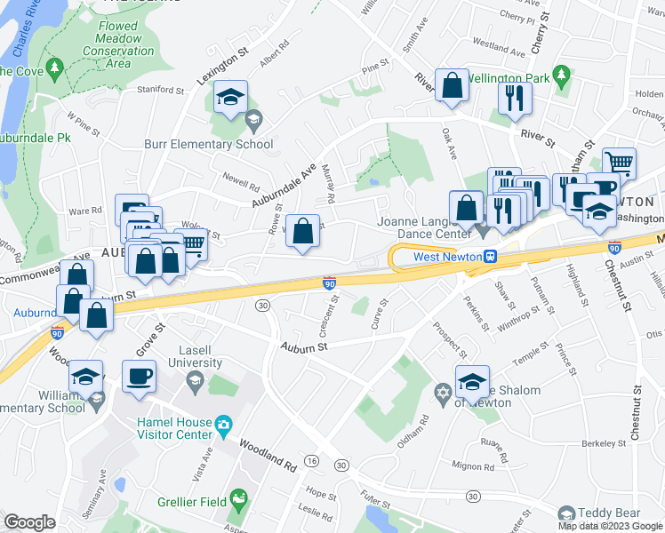 map of restaurants, bars, coffee shops, grocery stores, and more near 66 Rowe Street in Newton