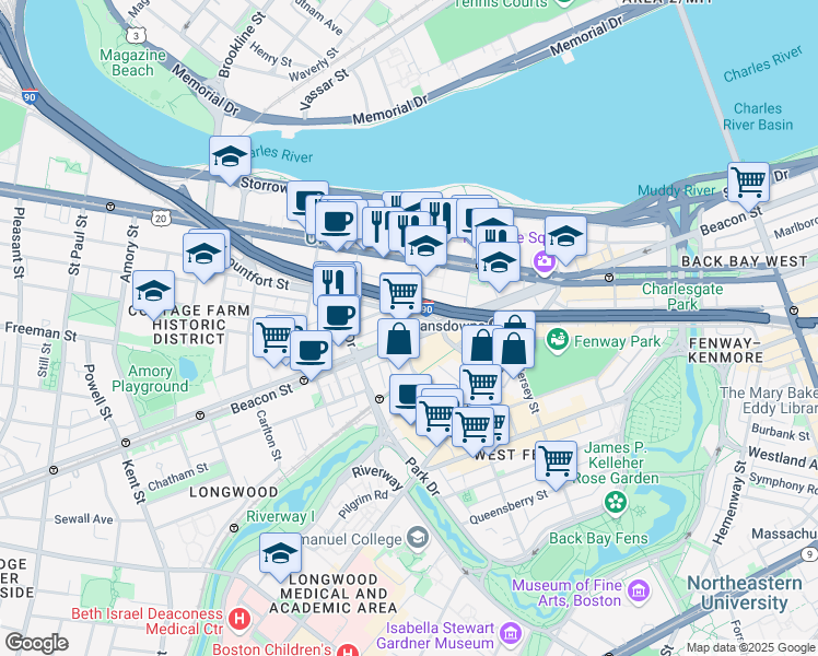 map of restaurants, bars, coffee shops, grocery stores, and more near 46 Mountfort Street in Boston