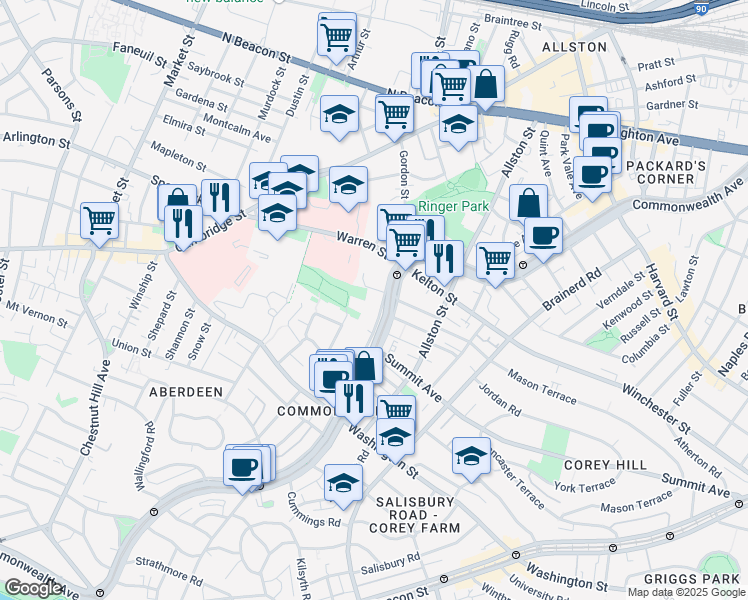 map of restaurants, bars, coffee shops, grocery stores, and more near 1501 Commonwealth Avenue in Boston