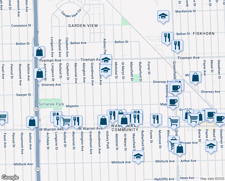 map of restaurants, bars, coffee shops, grocery stores, and more near 7549 Mettetal Street in Detroit