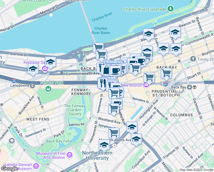 map of restaurants, bars, coffee shops, grocery stores, and more near 360 Newbury Street in Boston
