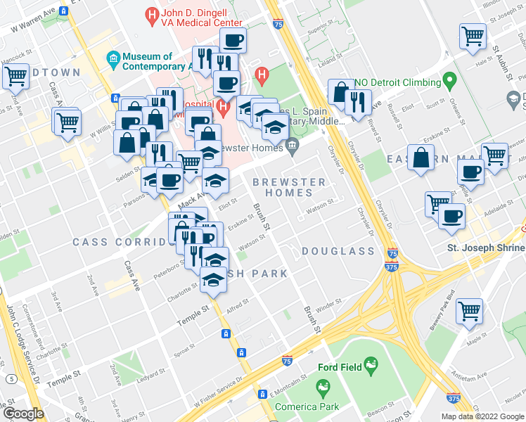 map of restaurants, bars, coffee shops, grocery stores, and more near 3410 Brush Street in Detroit