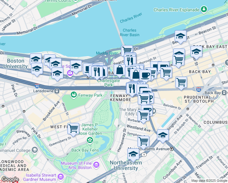 map of restaurants, bars, coffee shops, grocery stores, and more near 62 Boylston Street in Boston