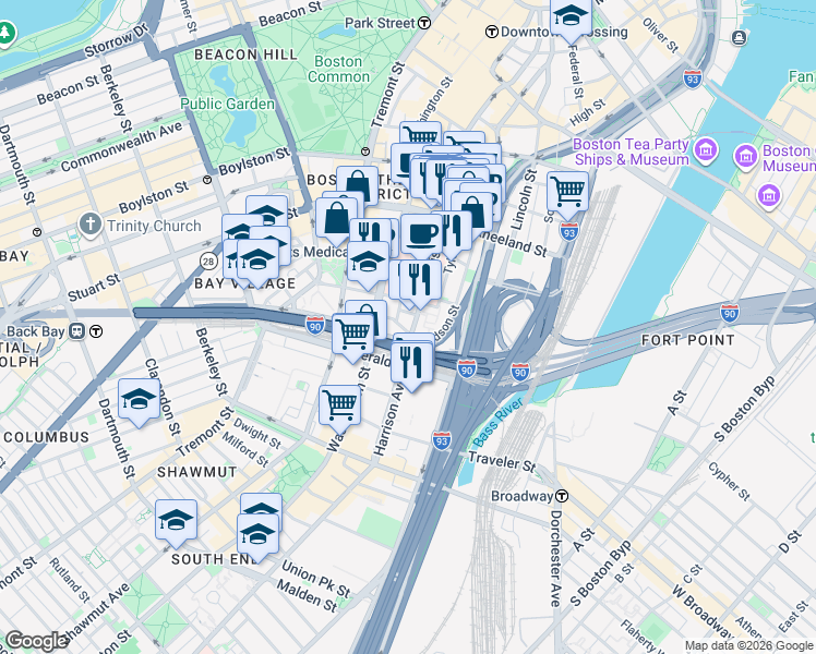 map of restaurants, bars, coffee shops, grocery stores, and more near 232 Harrison Avenue in Boston