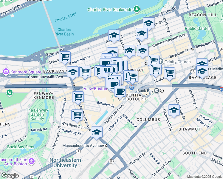 map of restaurants, bars, coffee shops, grocery stores, and more near 800 Boylston Street in Boston