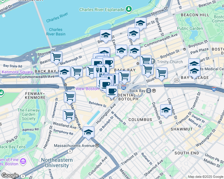 map of restaurants, bars, coffee shops, grocery stores, and more near 800 Boylston Street in Boston