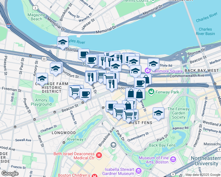 map of restaurants, bars, coffee shops, grocery stores, and more near 46 Mountfort Street in Boston