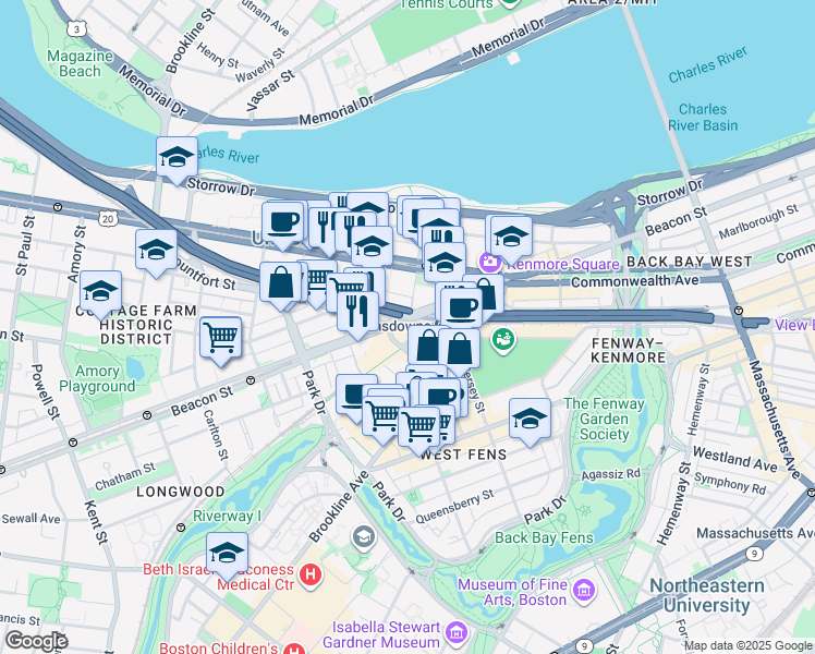 map of restaurants, bars, coffee shops, grocery stores, and more near 2 Cummington Mall in Boston