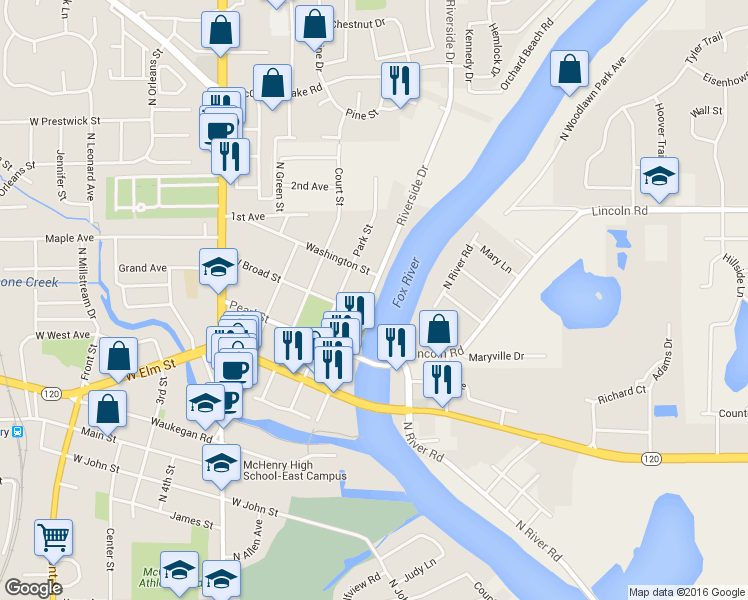 map of restaurants, bars, coffee shops, grocery stores, and more near 1504 North Riverside Drive in McHenry