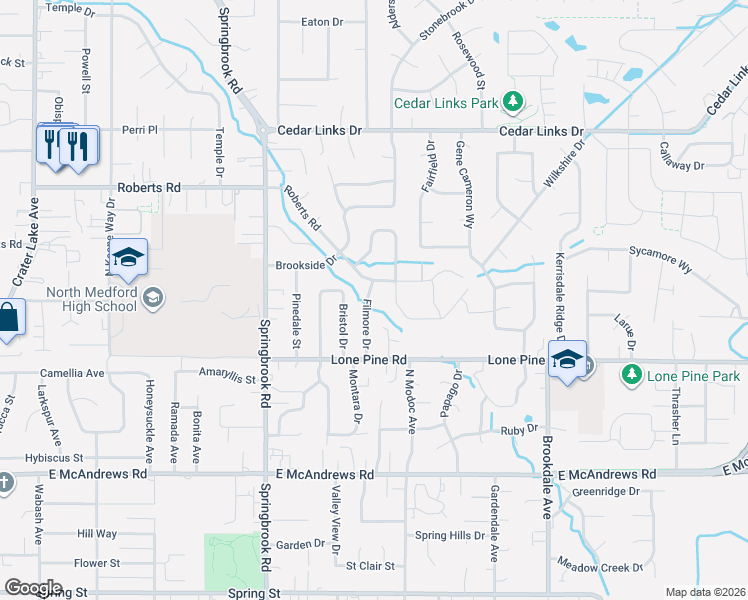 map of restaurants, bars, coffee shops, grocery stores, and more near 1898 Filmore Drive in Medford