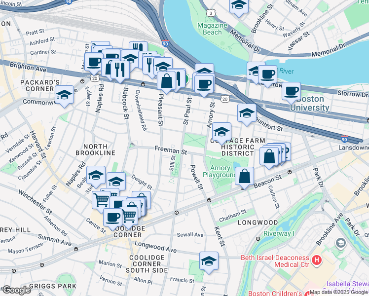 map of restaurants, bars, coffee shops, grocery stores, and more near 175 Freeman Street in Brookline
