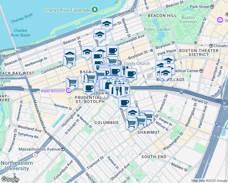 map of restaurants, bars, coffee shops, grocery stores, and more near 441 Stuart Street in Boston