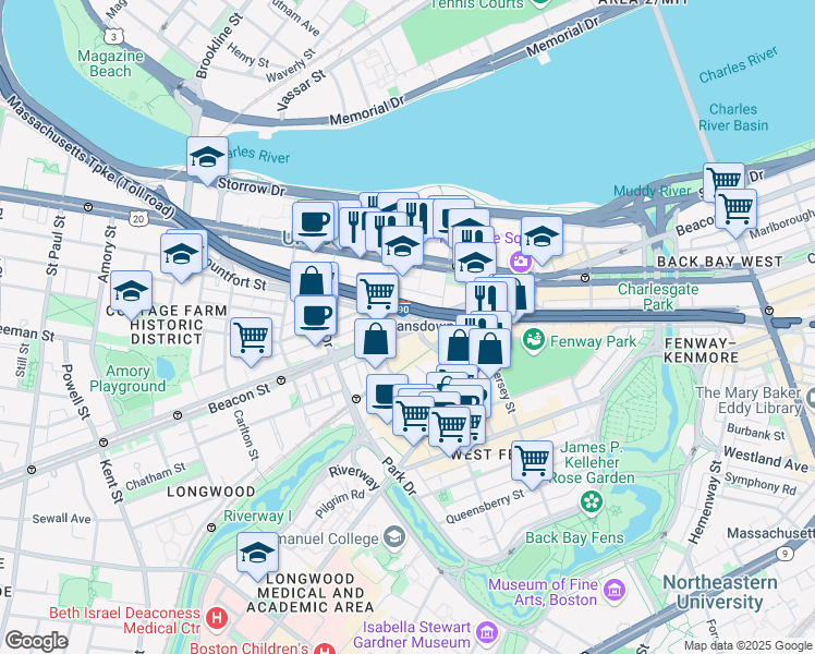 map of restaurants, bars, coffee shops, grocery stores, and more near 2 Cummington Mall in Boston