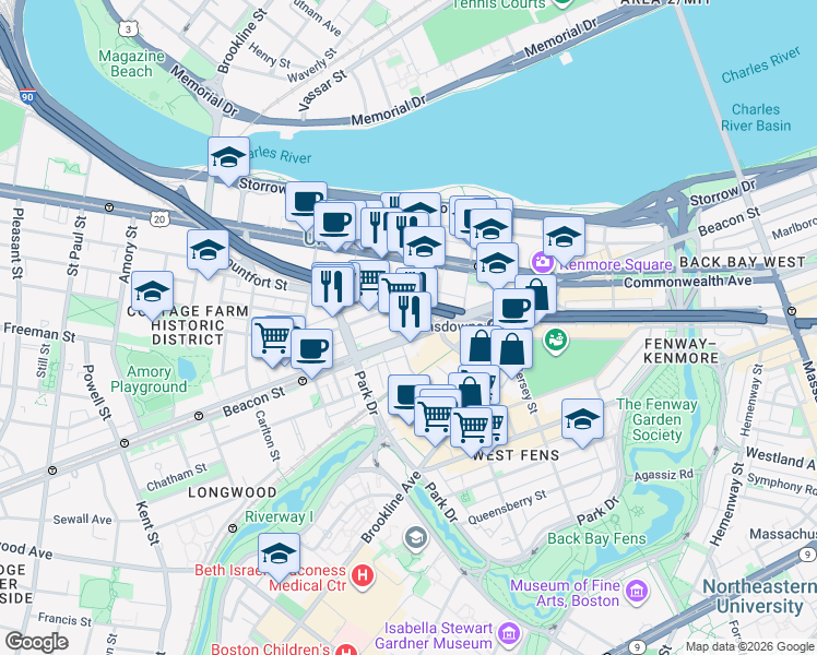 map of restaurants, bars, coffee shops, grocery stores, and more near 46 Mountfort Street in Boston