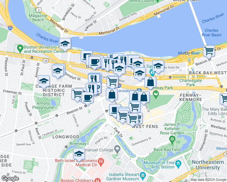 map of restaurants, bars, coffee shops, grocery stores, and more near 46 Mountfort Street in Boston