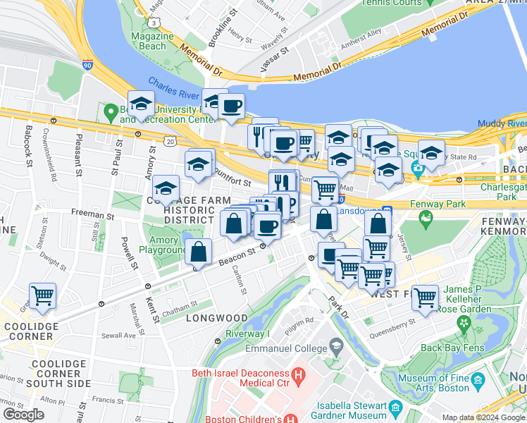 map of restaurants, bars, coffee shops, grocery stores, and more near 7 Euston Street in Brookline