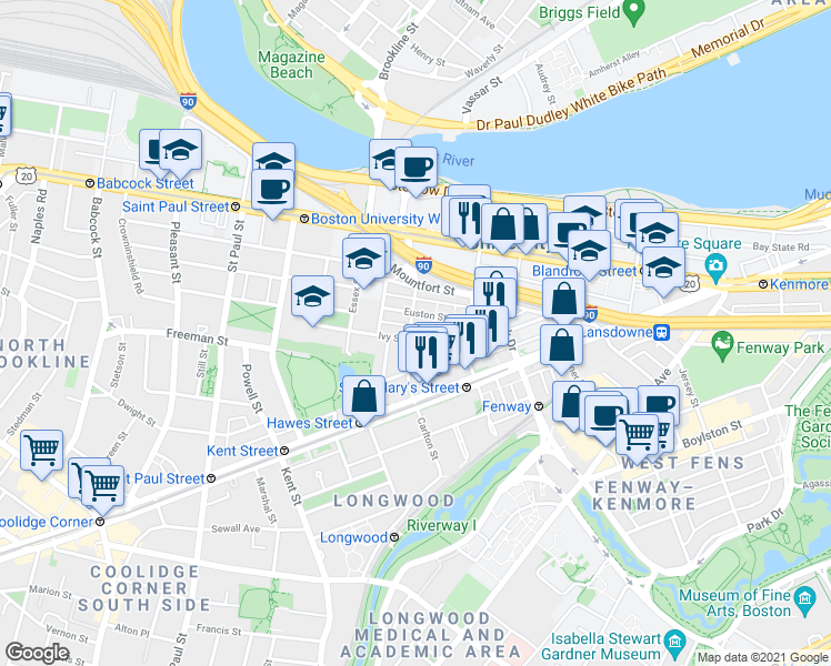 map of restaurants, bars, coffee shops, grocery stores, and more near 121 Carlton Street in Brookline