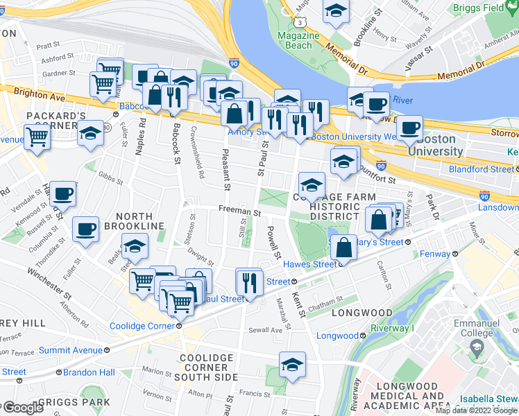 map of restaurants, bars, coffee shops, grocery stores, and more near in Brookline