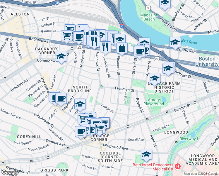 map of restaurants, bars, coffee shops, grocery stores, and more near 217 Freeman Street in Brookline