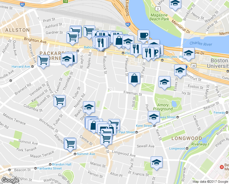 map of restaurants, bars, coffee shops, grocery stores, and more near 217 Freeman Street in Brookline