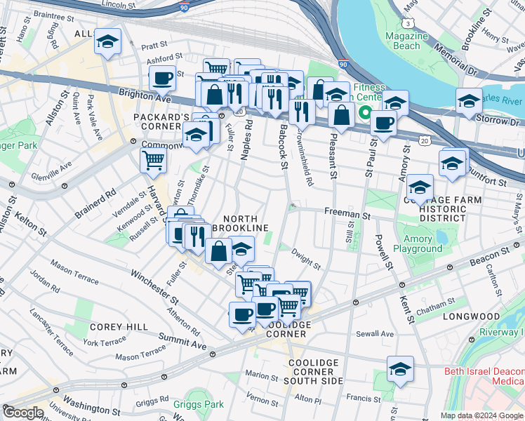 map of restaurants, bars, coffee shops, grocery stores, and more near 120 Stedman Street in Brookline